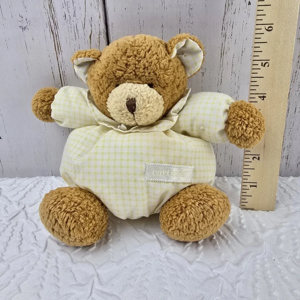 Carters Gingham Plaid Teddy Bear‎ Baby Rattle Plush Round Bear Plush Yellow